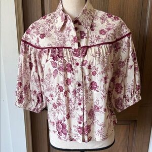 Joy Joy Cream and Burgundy Floral Button-Down Blouse